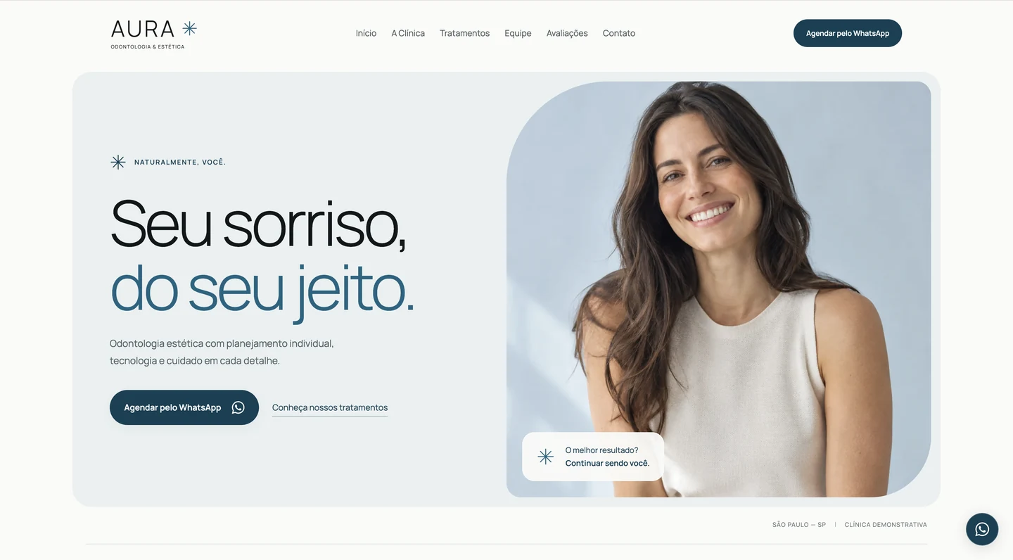 Captura do site CLÍNICA AURA, com navegação, textos e imagens do projeto.