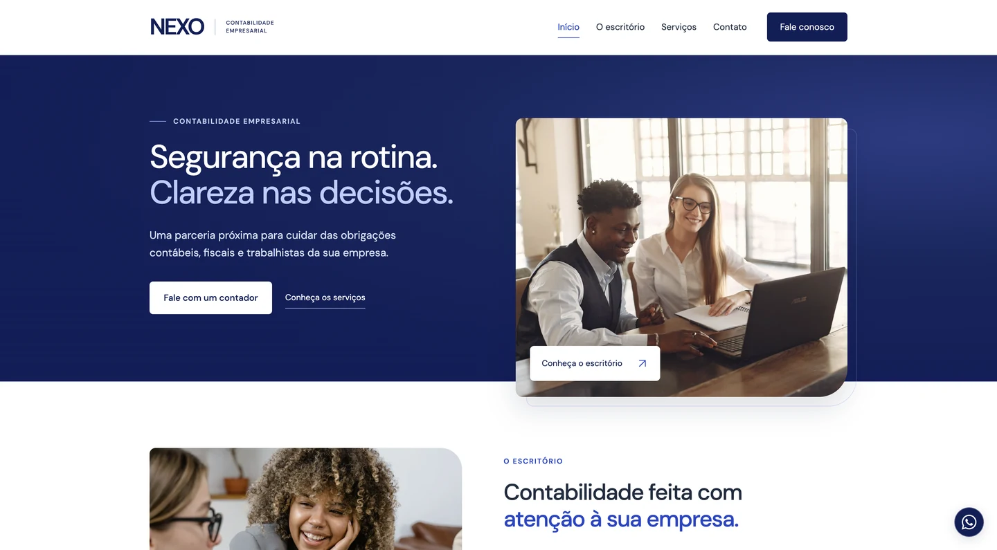 Captura do site NEXO CONTABILIDADE, com navegação, textos e imagens do projeto.
