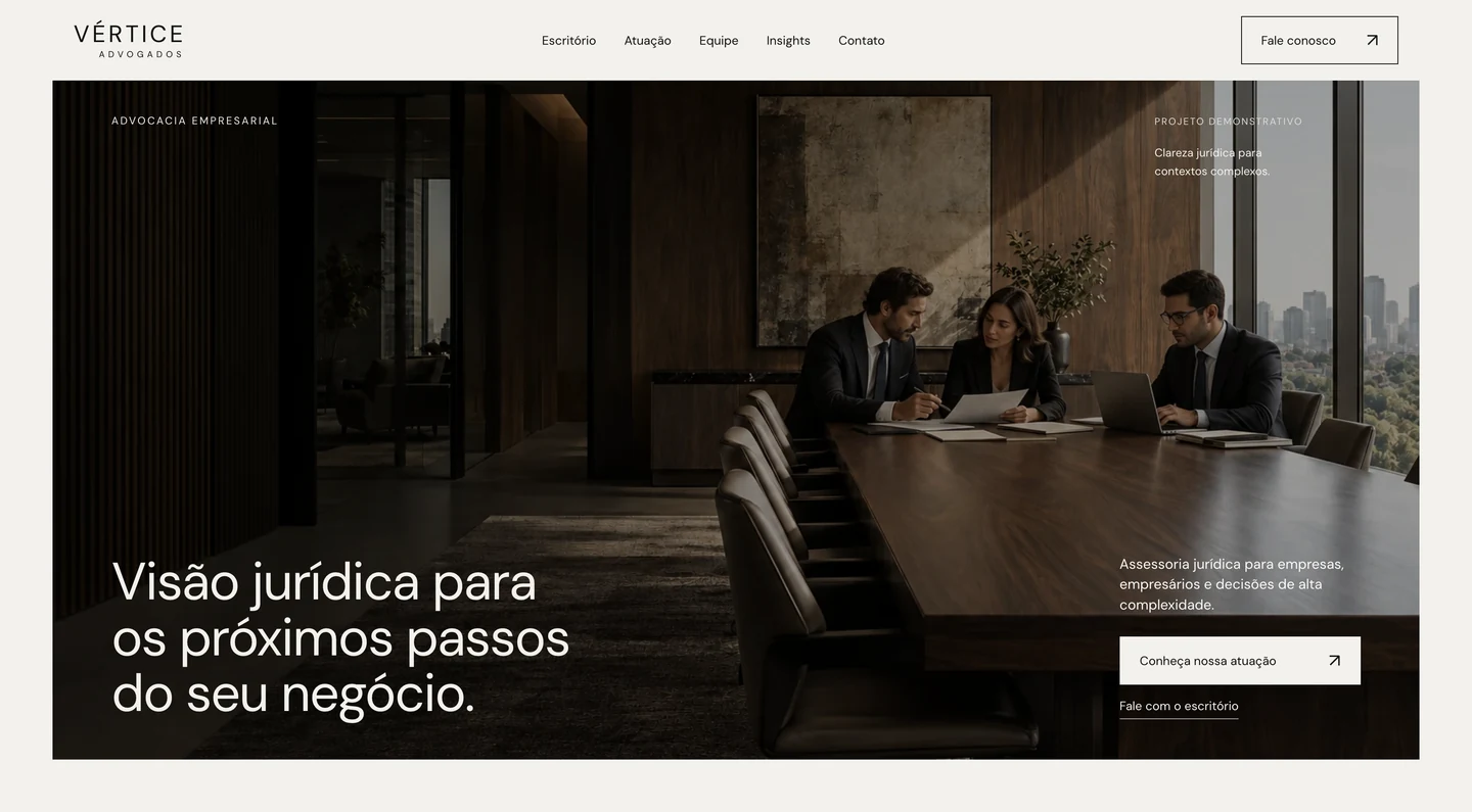 Captura do site VÉRTICE ADVOGADOS, com navegação, textos e imagens do projeto.