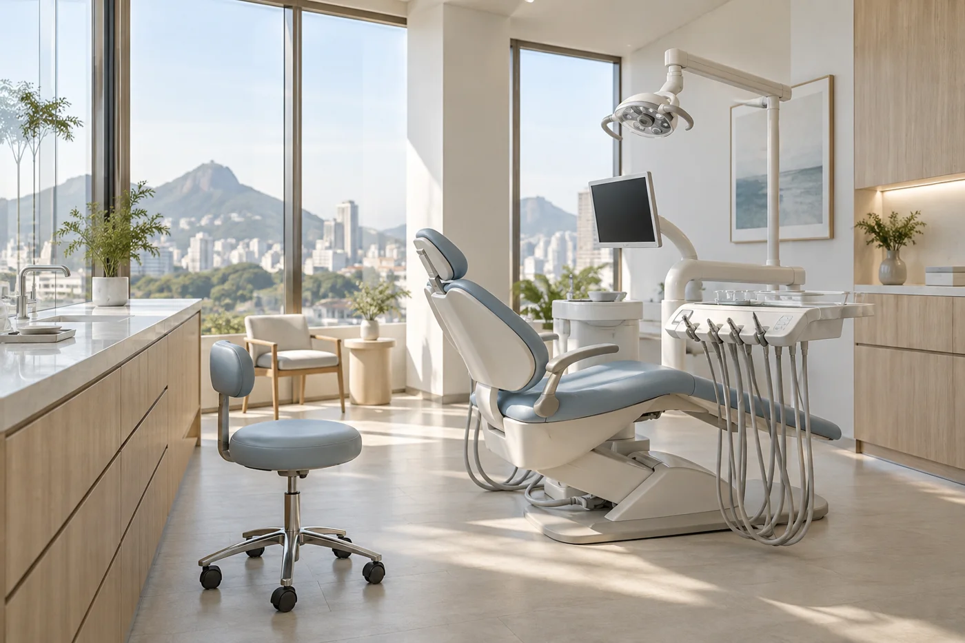 Ambiente clínico ilustrativo com cadeira odontológica, madeira clara e luz natural
