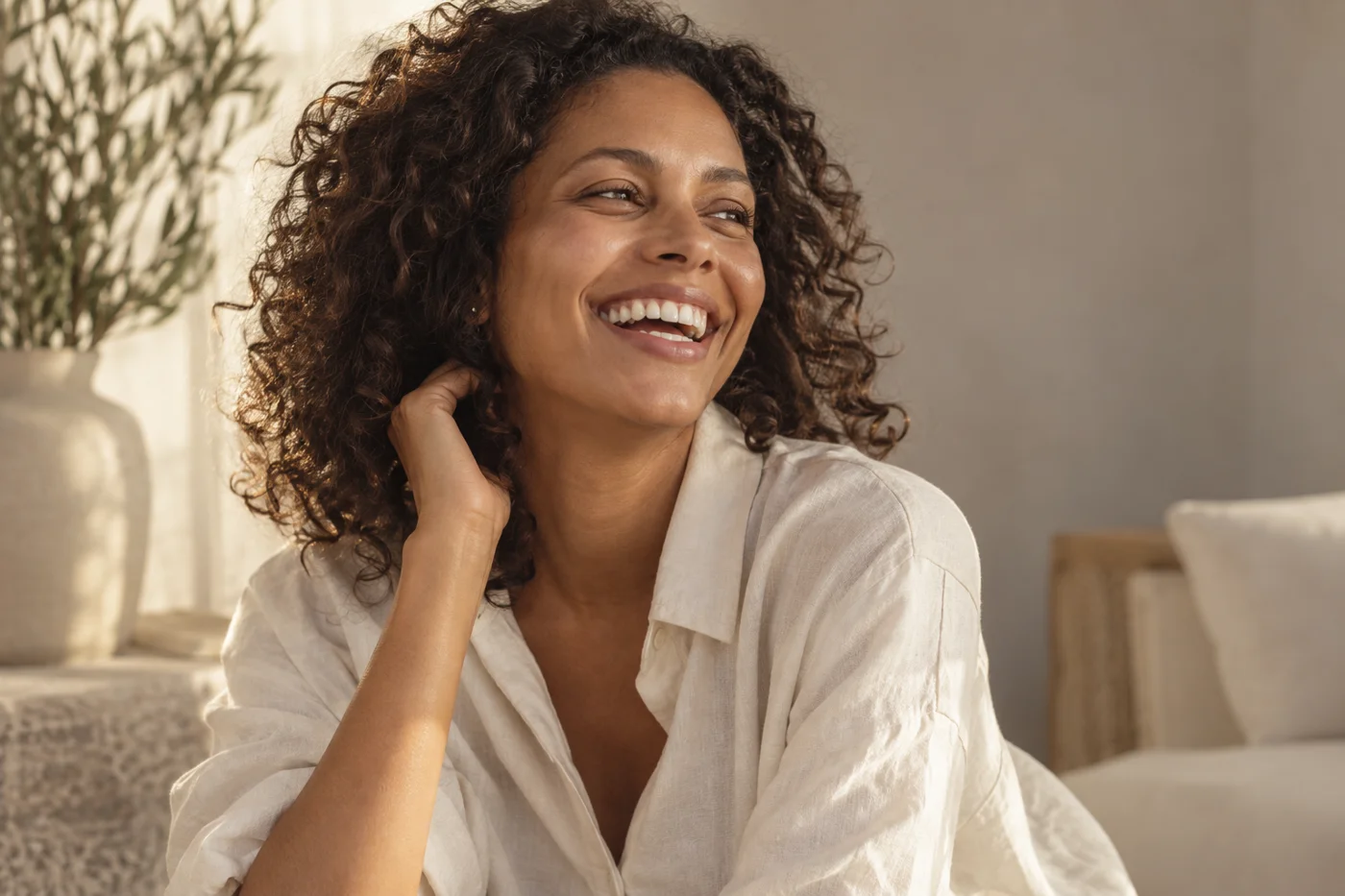 Sorriso natural em um retrato editorial iluminado pelo sol