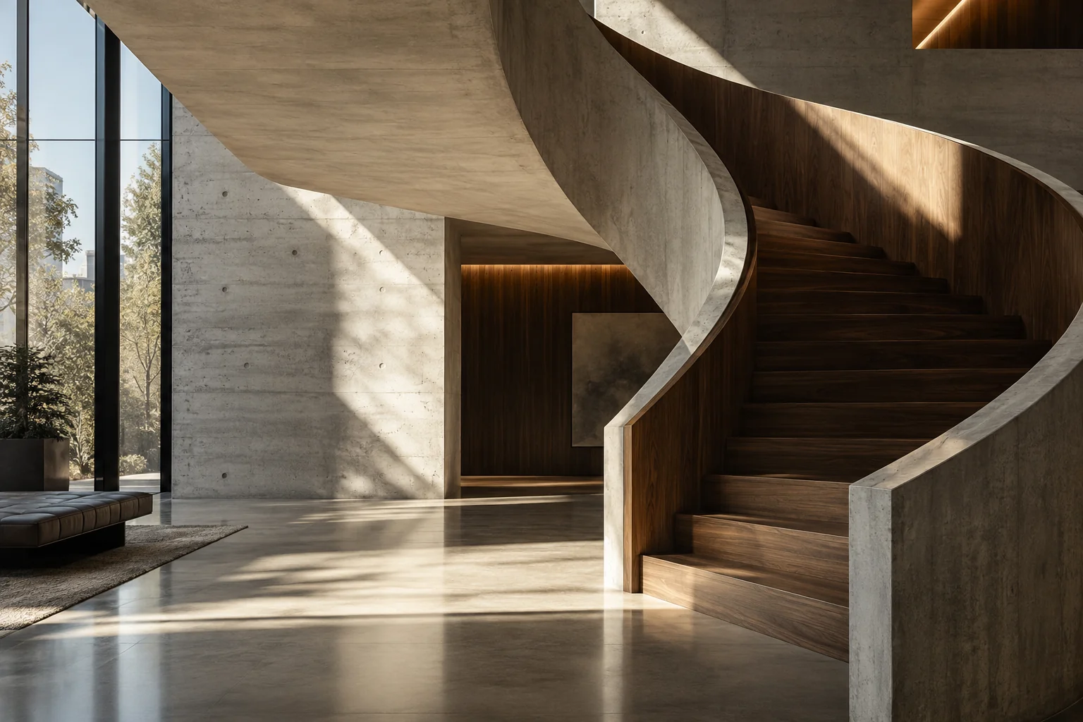 Escada escultural em concreto e madeira, marcada pela luz natural.