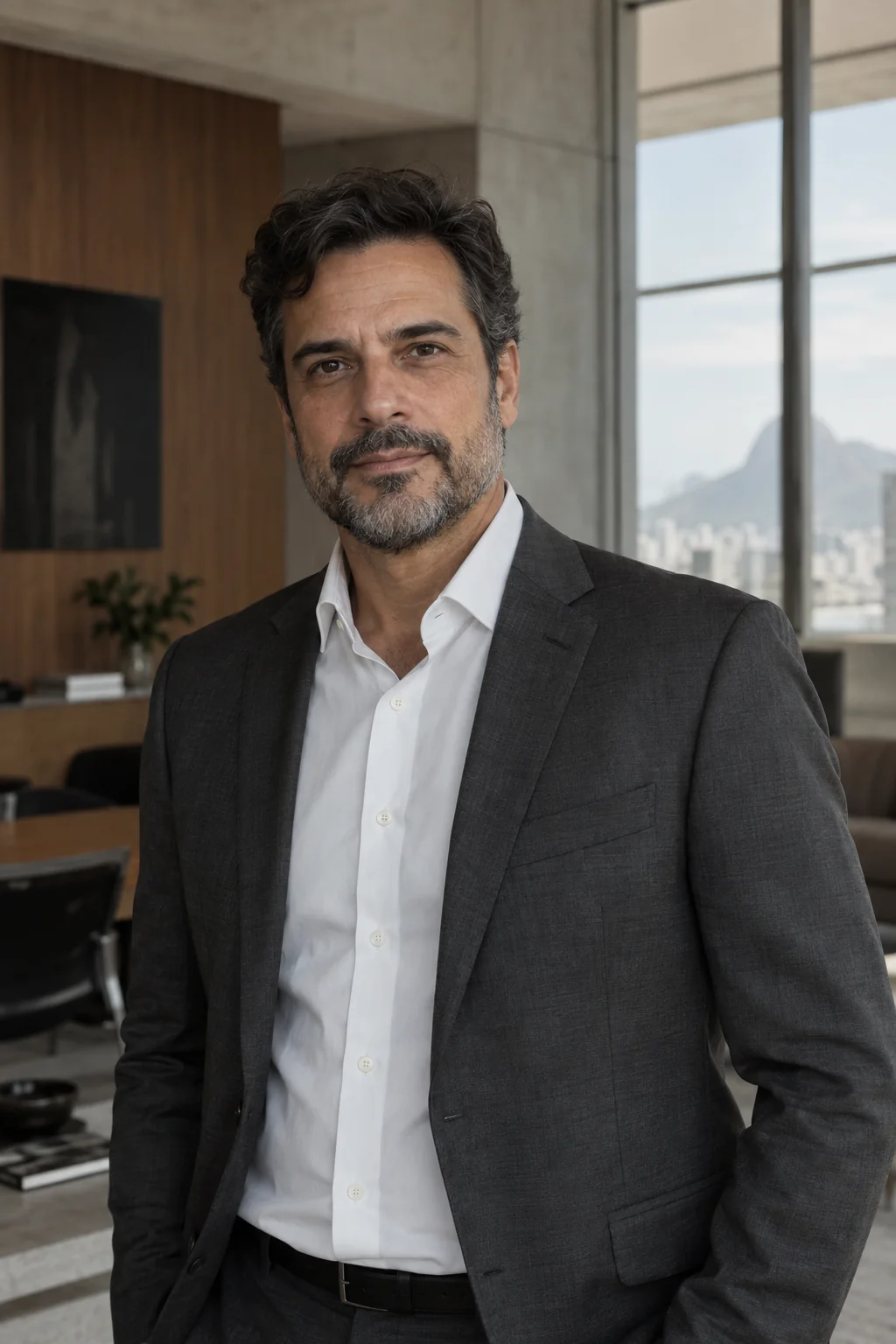 Retrato editorial ilustrativo de Henrique Valença em ambiente arquitetônico.
