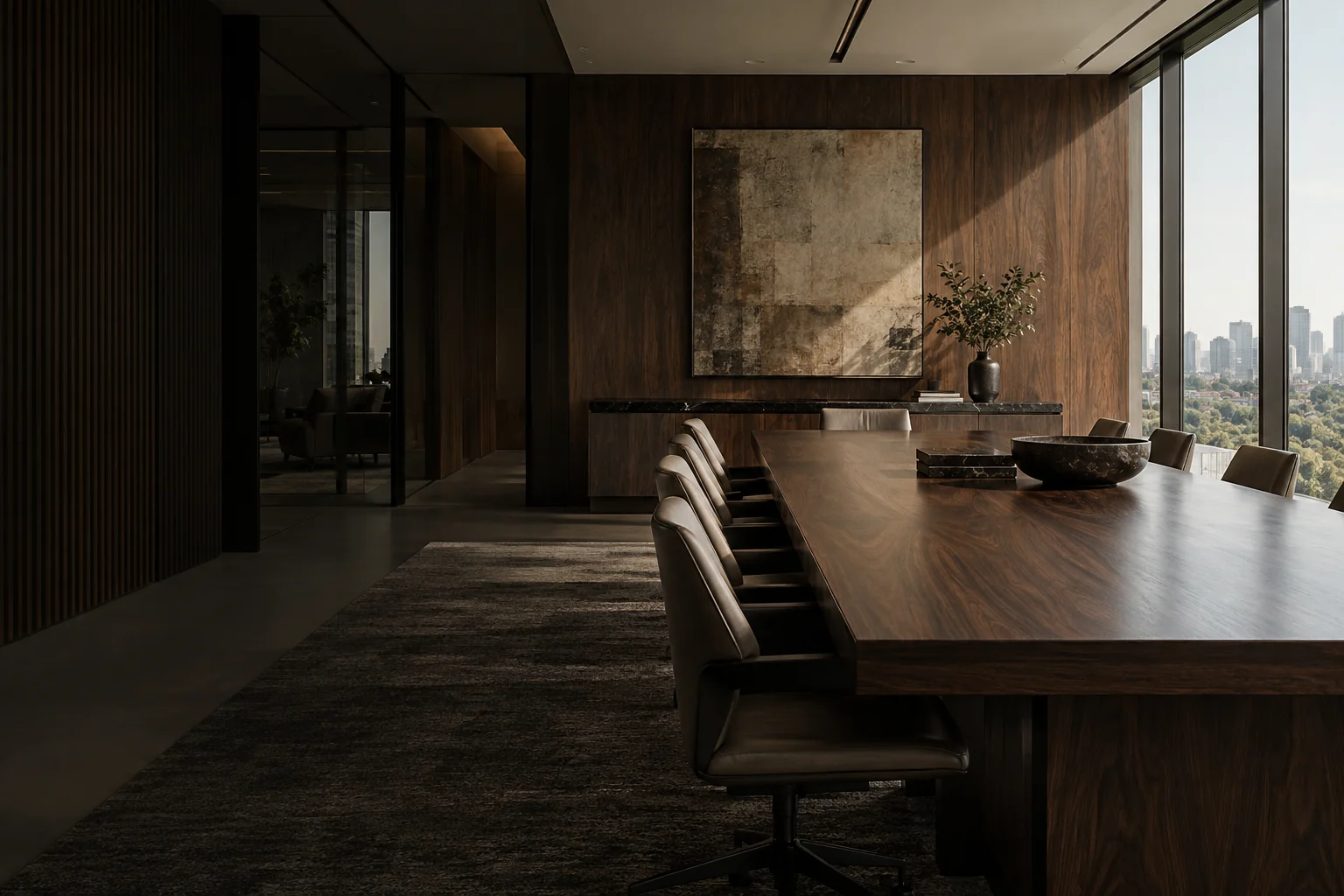 Ambiente de reunião reservado, com mesa de madeira e vista para a cidade.